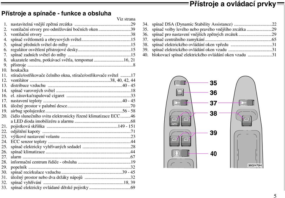 ukazatele směru, potkávací světla, tempomat...16, 21 9. přístroje...8 10. houkačka 11. stírače/ostřikovače čelního okna, stírače/ostřikovače světel...17 12. ventilátor...38, 40, 42, 44 13.