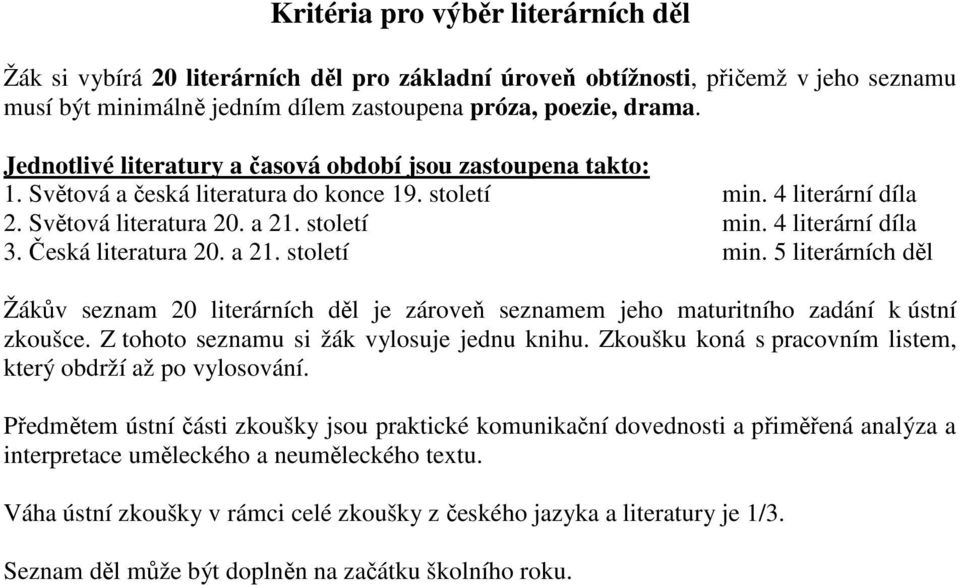 Česká literatura 20. a 21. století min. 5 literárních děl Žákův seznam 20 literárních děl je zároveň seznamem jeho maturitního zadání k ústní zkoušce. Z tohoto seznamu si žák vylosuje jednu knihu.