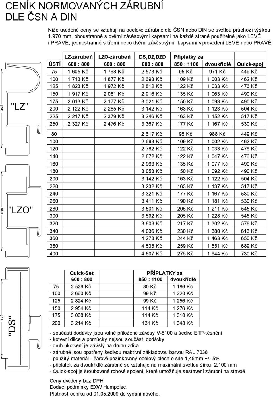 "LZ" "LZO" LZ-zárubeň LZO-zárubeň DS,DZ,DZD Příplatky za ÚSTÍ 600 : 800 600 : 800 600 : 800 850 : 1100 dvoukřídlé Quick-spoj 75 1 605 Kč 1 768 Kč 2 573 Kč 95 Kč 971 Kč 449 Kč 100 1 713 Kč 1 877 Kč 2