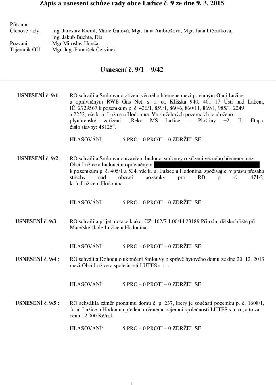 9/1: RO schválila Smlouvu o zřízení věcného břemene mezi povinným Obcí Lužice a oprávněným RWE Gas Net, s. r. o., Klíšská 940, 401 17 Ústí nad Labem, IČ: 2729567 k pozemkům p. č.