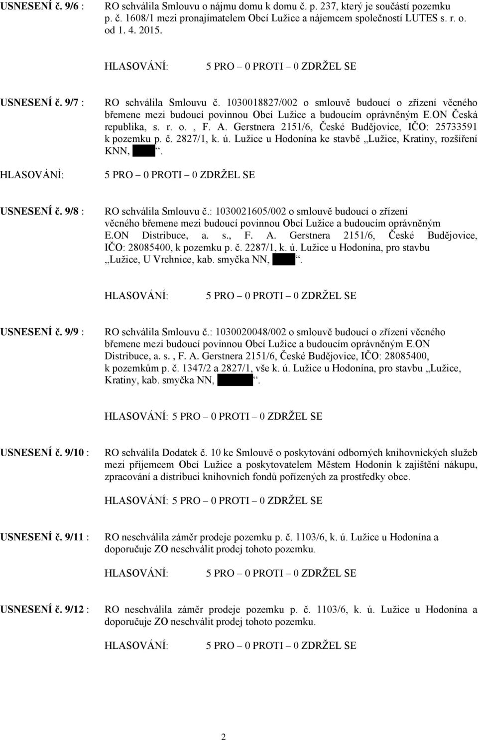 Gerstnera 2151/6, České Budějovice, IČO: 25733591 k pozemku p. č. 2827/1, k. ú. Lužice u Hodonína ke stavbě Lužice, Kratiny, rozšíření KNN, Prygl. USNESENÍ č. 9/8 : RO schválila Smlouvu č.