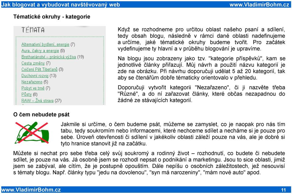 Můj návrh a použití názvu kategorií je zde na obrázku. Při návrhu doporučuji udělat 5 až 20 kategorií, tak aby se čtenářům dobře tématicky orientovalo v přehledu.