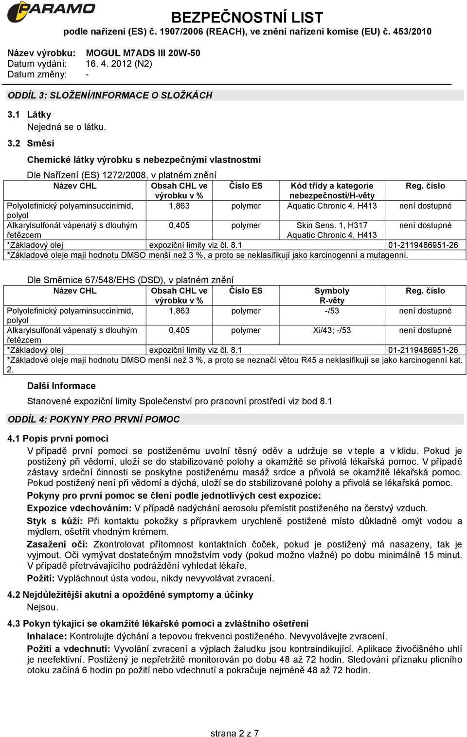 1, H317 není dostupné řetězcem Aquatic Chronic 4, H413 *Základový olej expoziční limity viz čl. 8.