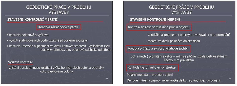 polohová odchylka od středu STAVEBNÍ KONTROLNÍ MĚŘENÍ Kontrola svislosti vertikáln lního profilu objektu: vertikáln lní alignement x optický provažova ovač x opt.