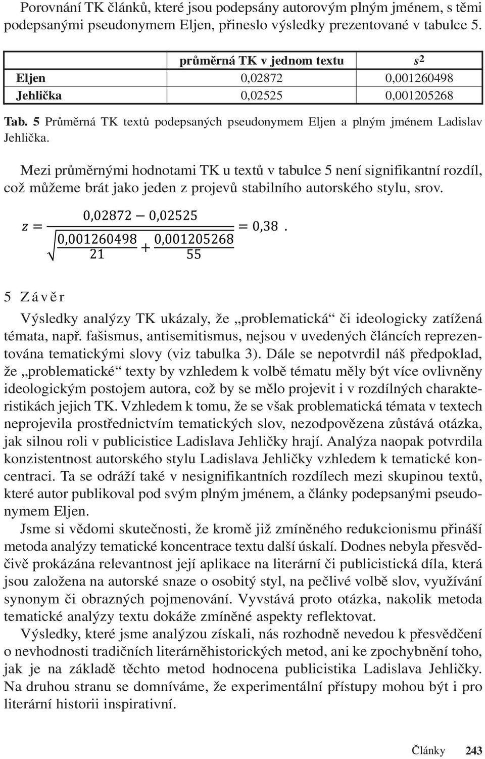 Mezi průměrnými hodnotami TK u textů v tabulce 5 není signifikantní rozdíl, což můžeme brát jako jeden z projevů stabilního autorského stylu, srov.