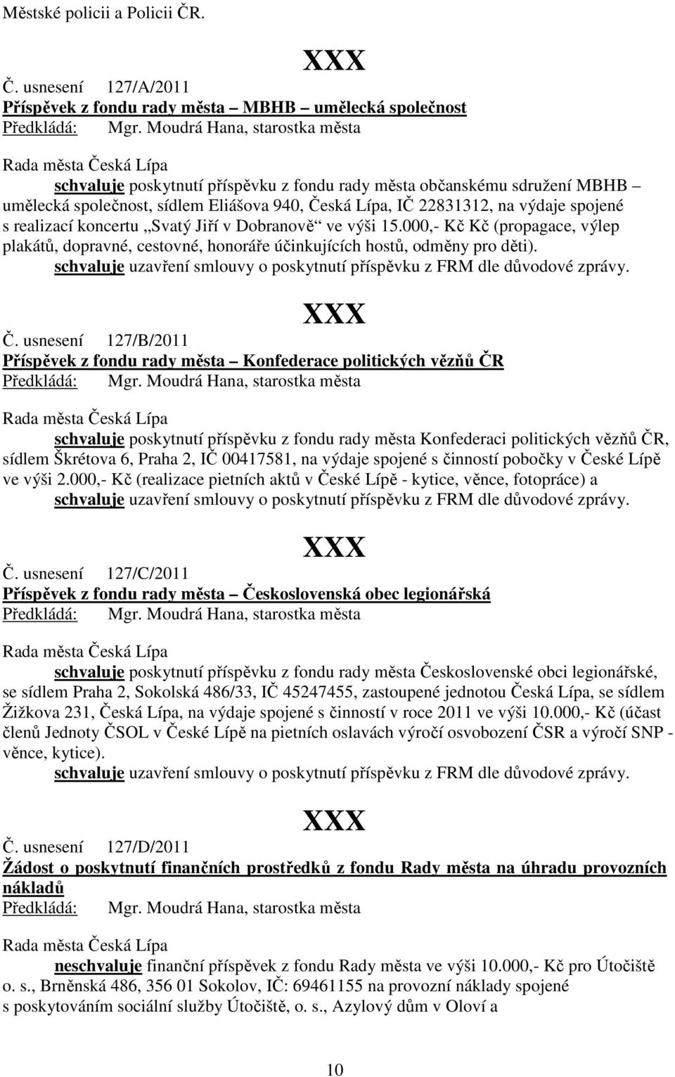 Česká Lípa, IČ 22831312, na výdaje spojené s realizací koncertu Svatý Jiří v Dobranově ve výši 15.