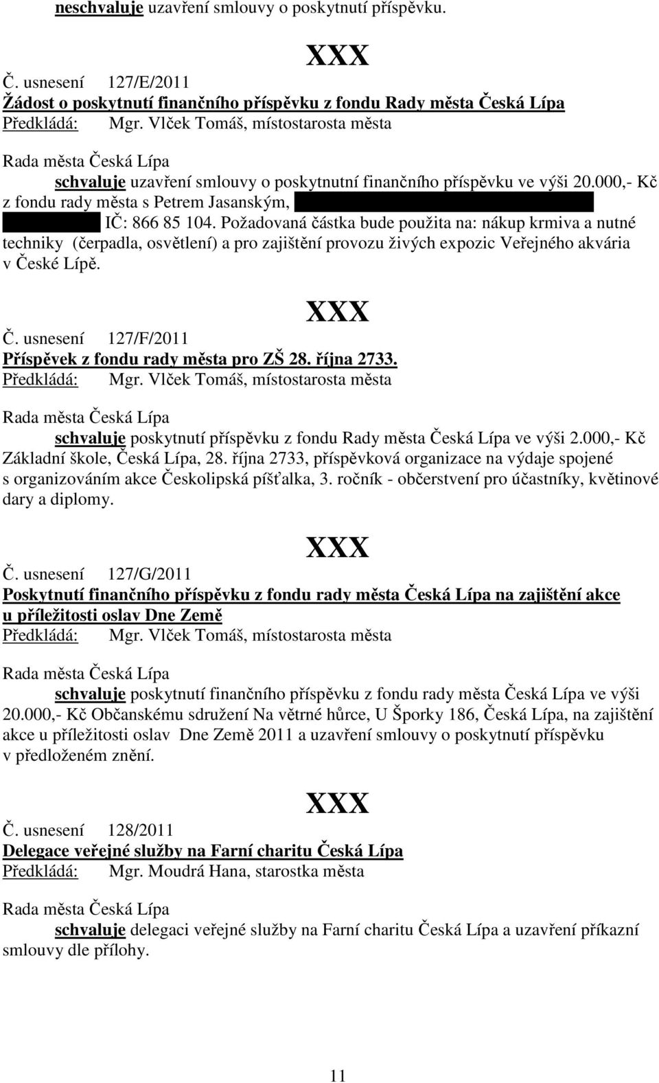 000,- Kč z fondu rady města s Petrem Jasanským, Na Blatech 2057, Česká Lípa 470 01, RČ: 690716/0073, IČ: 866 85 104.