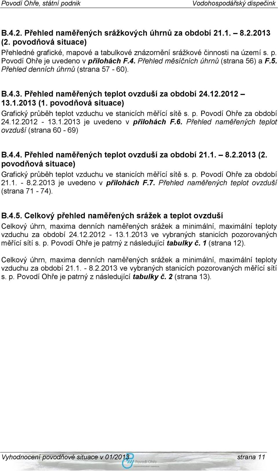 povodňová situace) Grafický průběh teplot vzduchu ve stanicích měřící sítě s. p. Povodí Ohře za období 24.12.2012-13.1.2013 je uvedeno v přílohách F.6.