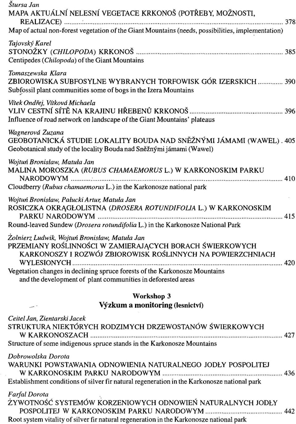 in the Izera Mountains Vítek Ondřej, Vítková Michaela VLIV ČESTNÍ SÍTĚ NA KRAJINU HŘEBENŮ KRKONOŠ 396 Influence of road network on landscape of the Giant Mountains' plateaus Wagnerová Zuzana