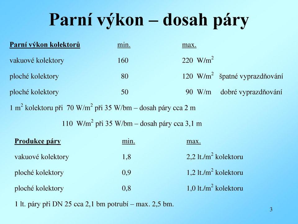 vyprazdňování 1 m 2 kolektoru při 70 W/m 2 při 35 W/bm dosah páry cca 2 m 110 W/m 2 při 35 W/bm dosah páry cca 3,1 m