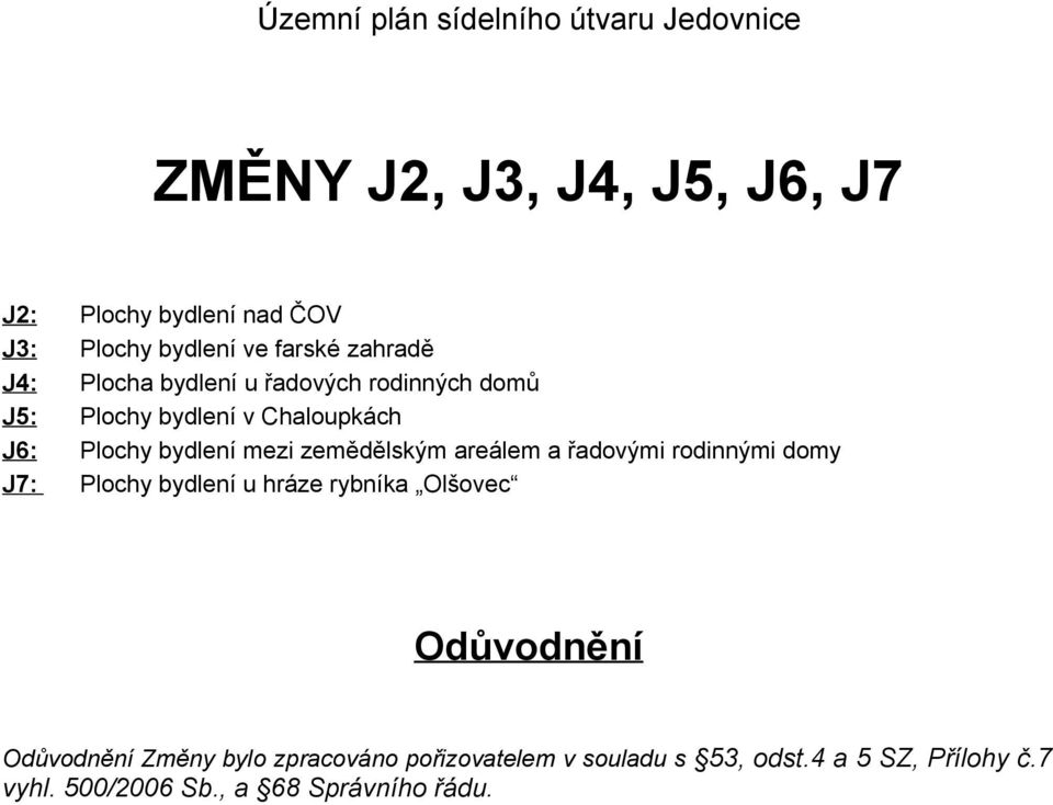 mezi zemědělským areálem a řadovými rodinnými domy J7: Plochy bydlení u hráze rybníka Olšovec Odůvodnění Odůvodnění