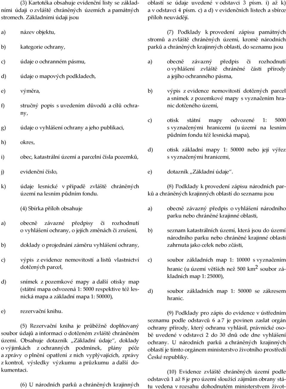 vyhlášení ochrany a jeho publikaci, h) okres, i) obec, katastrální území a parcelní čísla pozemků, j) evidenční číslo, k) údaje lesnické v případě zvláště chráněných území na lesním půdním fondu.