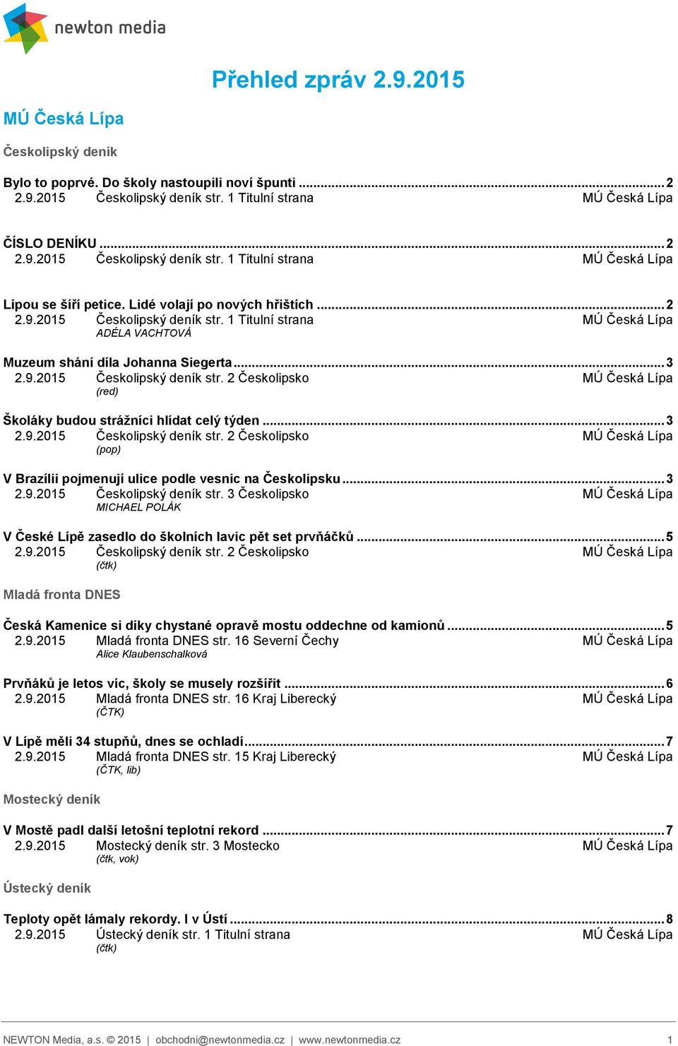 .. 3 2.9.2015 Českolipský deník str. 2 Českolipsko MÚ Česká Lípa (pop) V Brazílii pojmenují ulice podle vesnic na Českolipsku... 3 2.9.2015 Českolipský deník str. 3 Českolipsko MÚ Česká Lípa MICHAEL POLÁK V České Lípě zasedlo do školních lavic pět set prvňáčků.