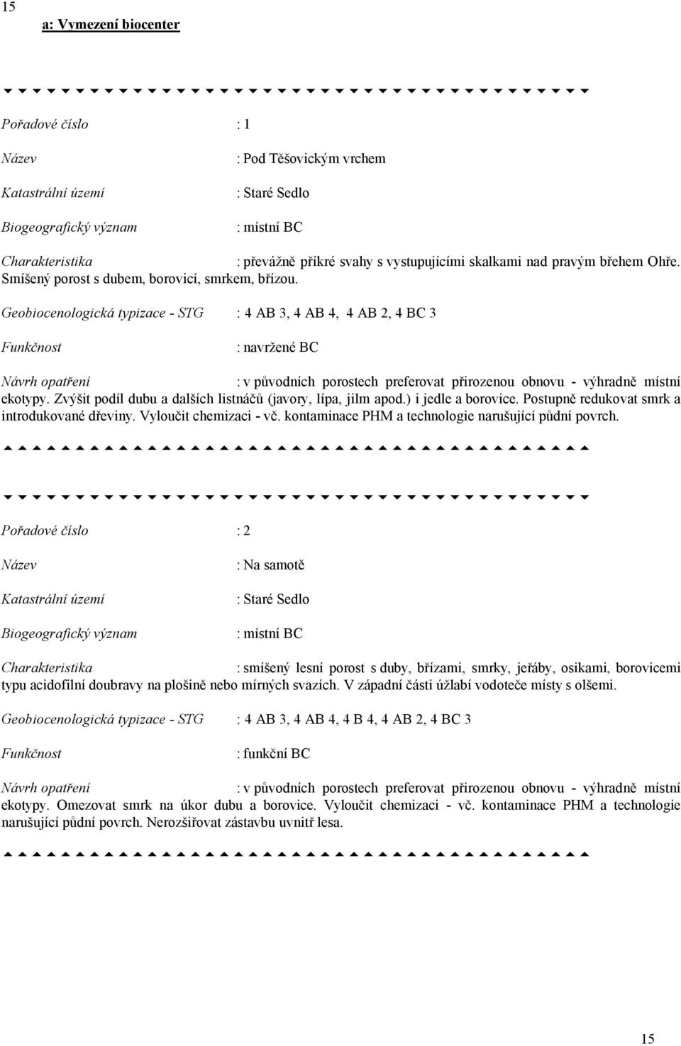 Geobiocenologická typizace - STG : 4 AB 3, 4 AB 4, 4 AB 2, 4 BC 3 Funkčnost : navržené BC Návrh opatření : v původních porostech preferovat přirozenou obnovu - výhradně místní ekotypy.