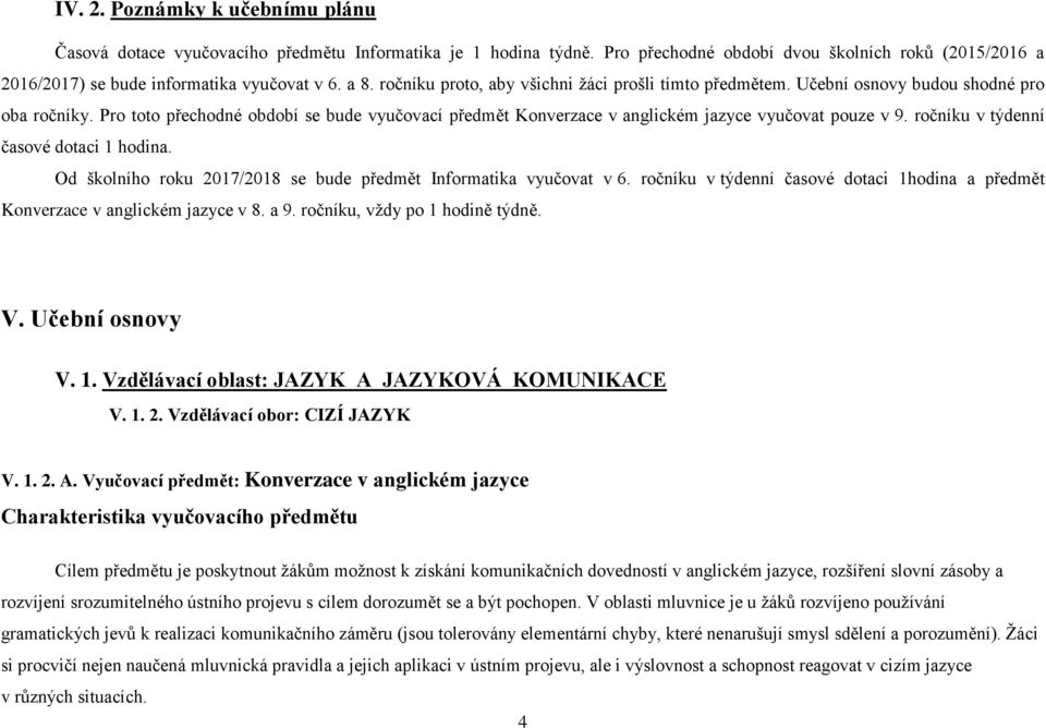 Pro toto přechodné období se bude vyučovací předmět Konverzace v anglickém jazyce vyučovat pouze v 9. ročníku v týdenní časové dotaci 1 hodina.