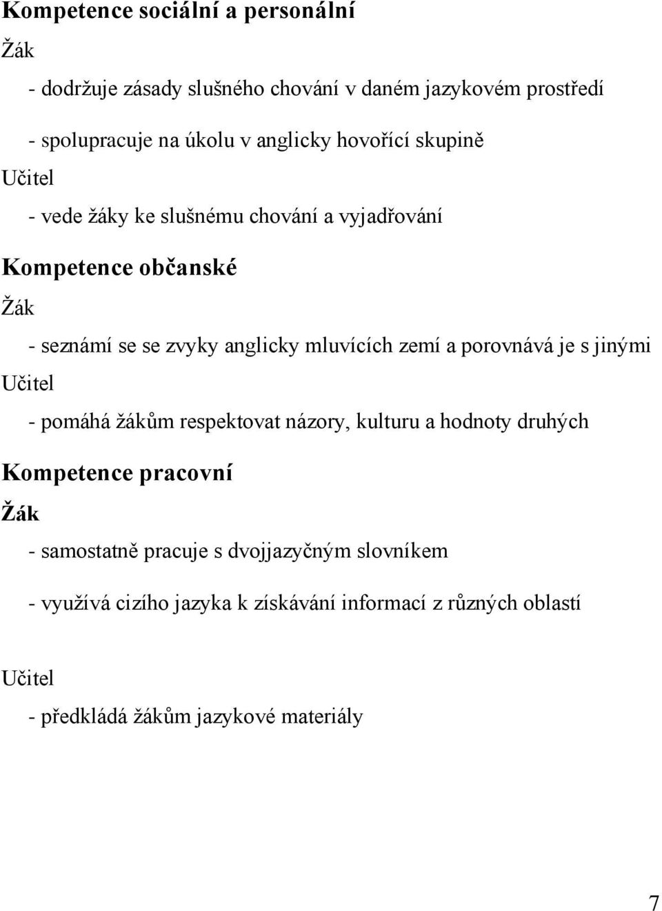 mluvících zemí a porovnává je s jinými - pomáhá žákům respektovat názory, kulturu a hodnoty druhých Kompetence pracovní -