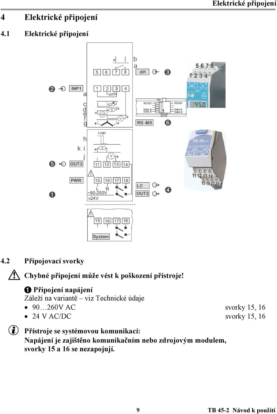 1 Připojení napájení Záleží na variantě viz Technické údaje 90 260V AC svorky 15, 16 24 V AC/DC