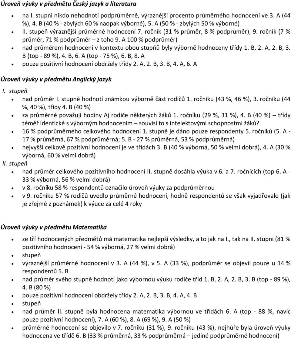 A 1 % podprůměr) nad průměrem hodnocení v kontextu obou stupňů byly výborně hodnoceny třídy 1. B, 2. A, 2. B, 3. B (top - 89 %), 4. B, 6. A (top - 75 %), 6. B, 8.