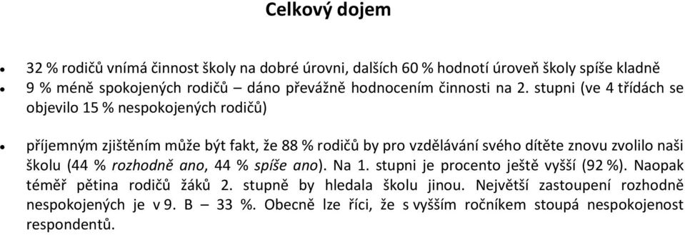 stupni (ve 4 třídách se objevilo 15 % nespokojených rodičů) příjemným zjištěním může být fakt, že 88 % rodičů by pro vzdělávání svého dítěte znovu