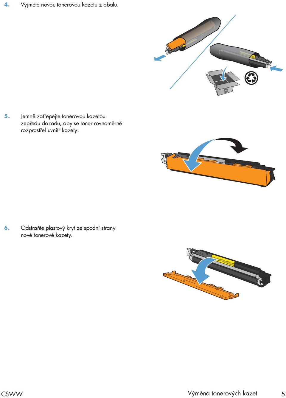 toner rovnoměrně rozprostřel uvnitř kazety. 6.