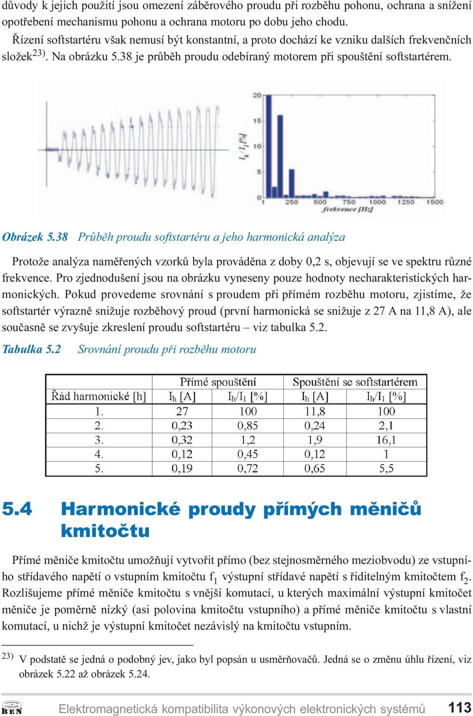 38 rùbìh proudu softstartéru a jeho harmonická analýza rotože analýza namìøených vzorkù byla provádìna z doby 0,2 s, objevují se ve spektru rùzné frekvence.