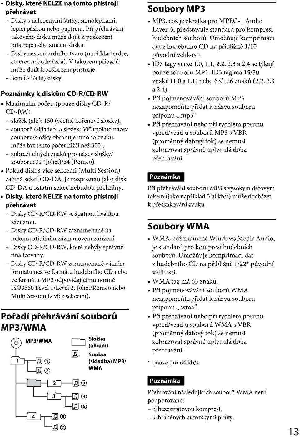 Poznámky k diskům CD-R/CD-RW Maximální počet: (pouze disky CD-R/ CD-RW) složek (alb): 150 (včetně kořenové složky), souborů (skladeb) a složek: 300 (pokud název souboru/složky obsahuje mnoho znaků,