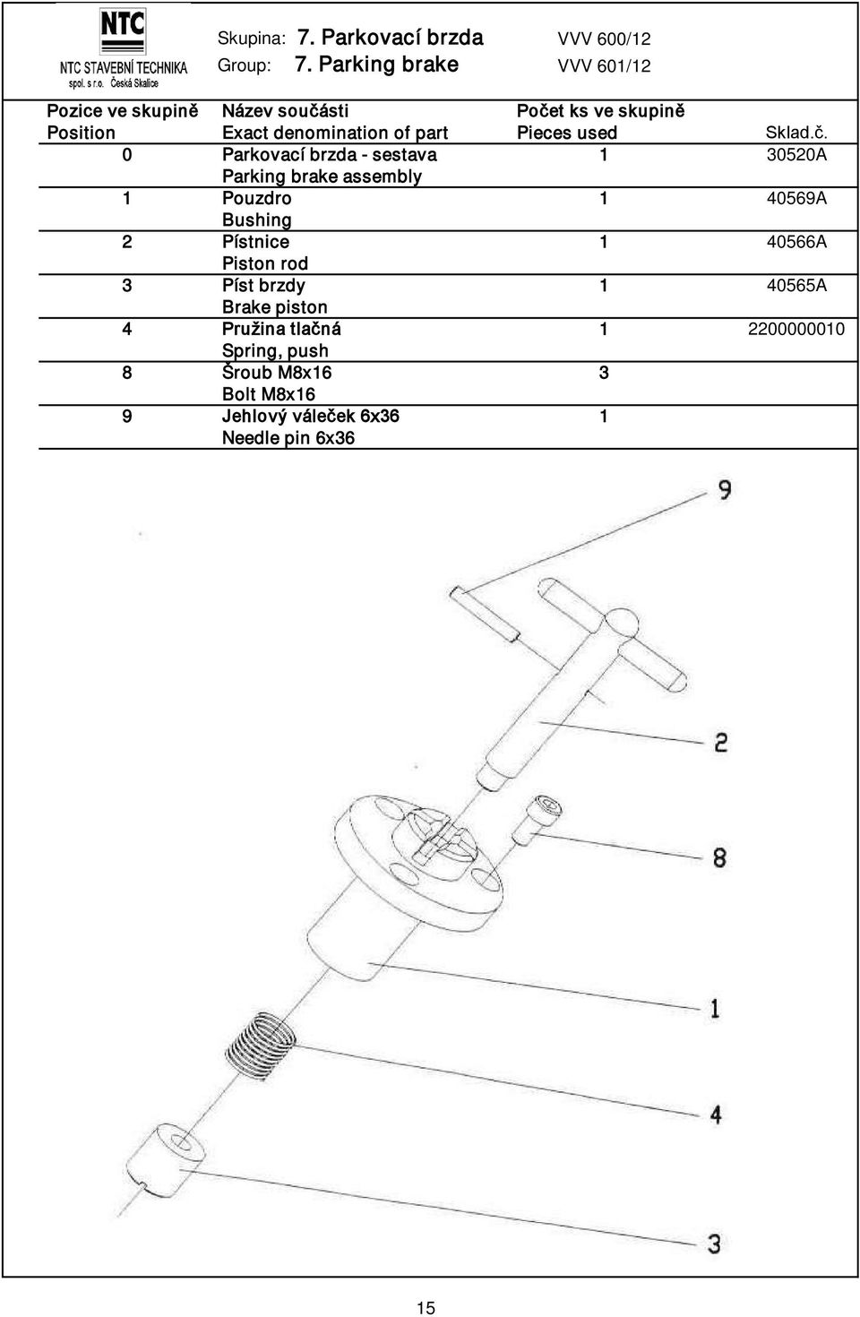 0 Parkovací brzda - sestava 1 30520A Parking brake assembly 1 Pouzdro 1 40569A Bushing 2 Pístnice 1