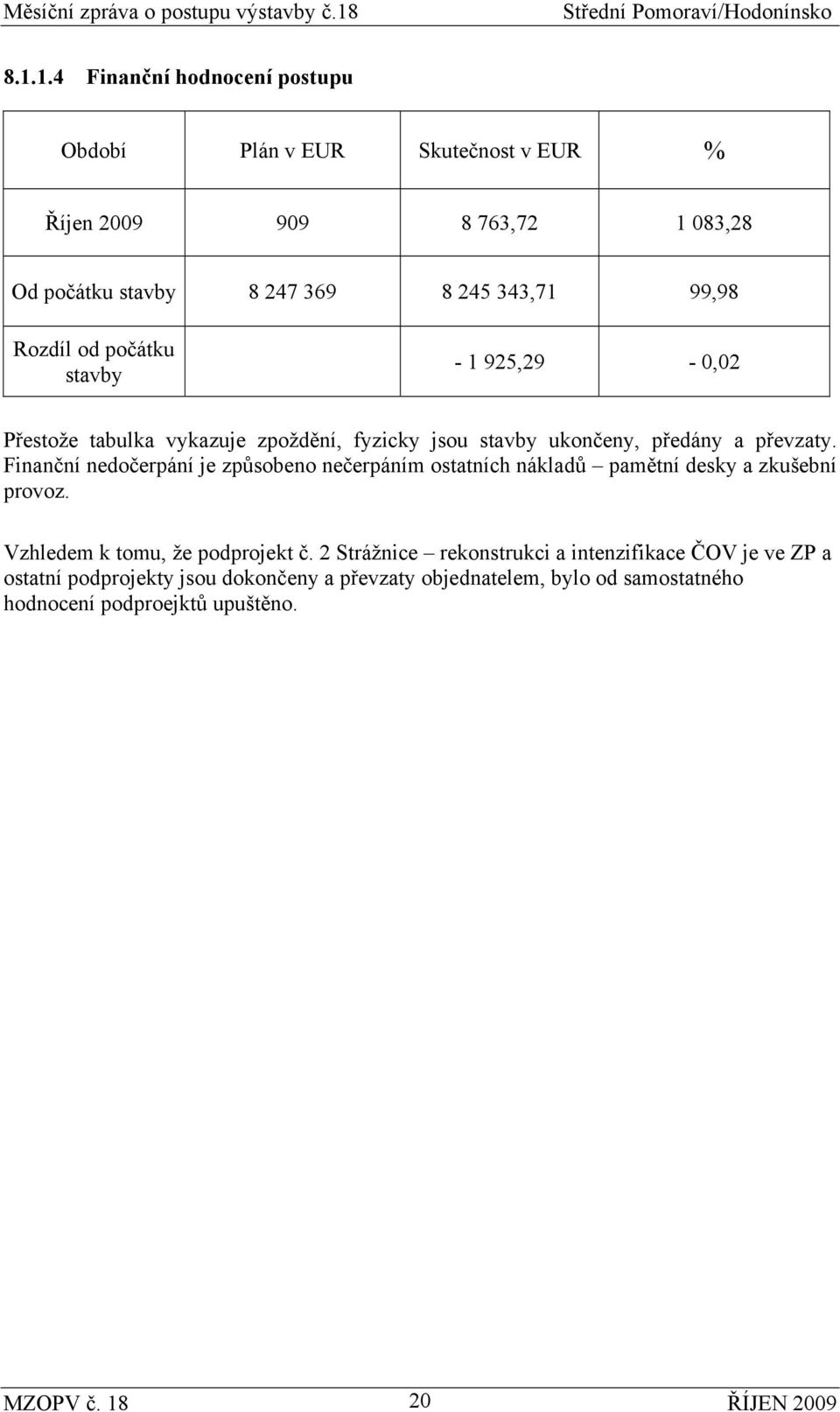 Finanční nedočerpání je způsobeno nečerpáním ostatních nákladů pamětní desky a zkušební provoz. Vzhledem k tomu, že podprojekt č.