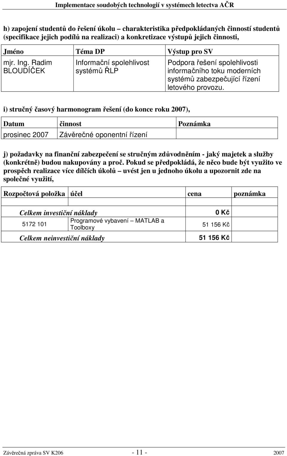 i) stručný časový harmonogram řešení (do konce roku 2007), Datum činnost Poznámka prosinec 2007 Závěrečné oponentní řízení j) požadavky na finanční zabezpečení se stručným zdůvodněním - jaký majetek