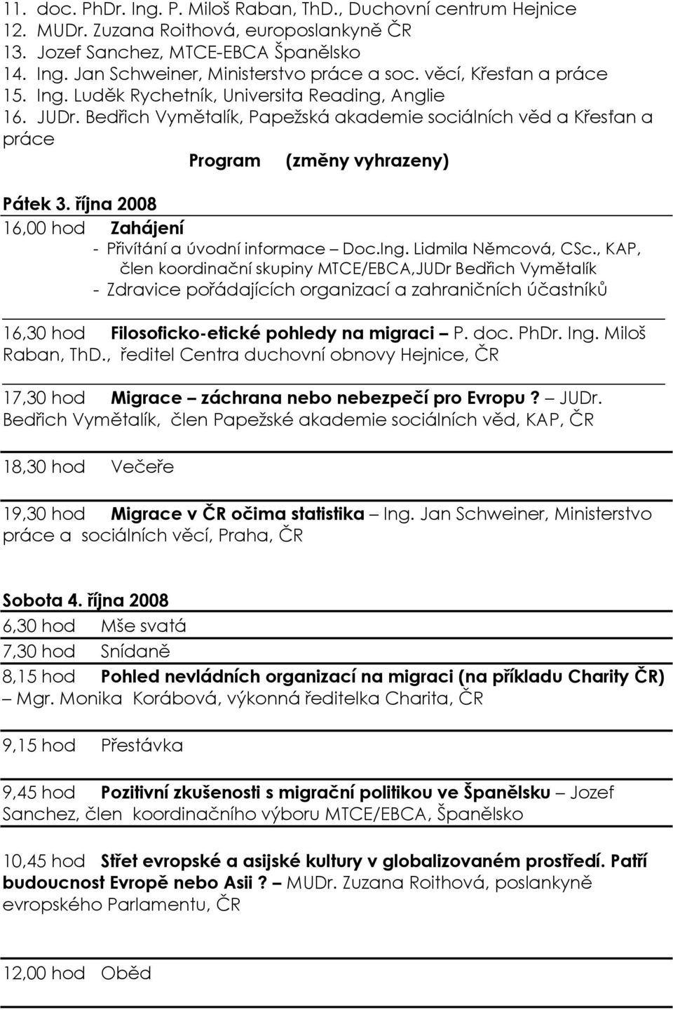 října 2008 16,00 hod Zahájení - Přivítání a úvodní informace Doc.Ing. Lidmila Němcová, CSc.
