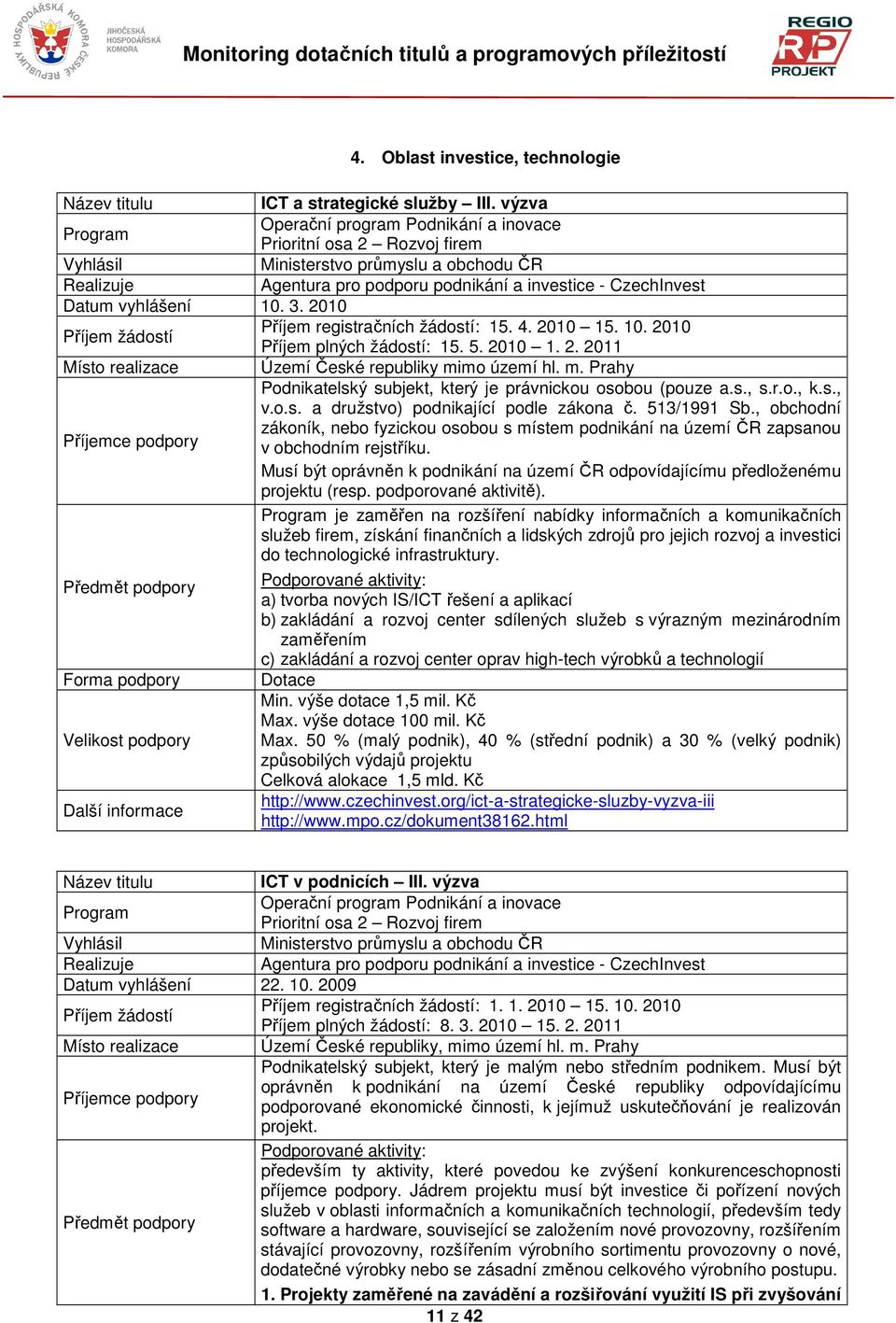 2010 Příjem registračních žádostí: 15. 4. 2010 15. 10. 2010 Příjem žádostí Příjem plných žádostí: 15. 5. 2010 1. 2. 2011 Místo realizace Území České republiky mi