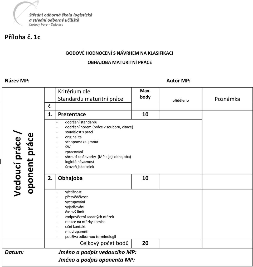 Prezentace 10 - dodržení standardu - dodržení norem (práce v souboru, citace) - souvislost s prací - originalita - schopnost zaujmout - SW - zpracování - shrnutí celé tvorby (MP a