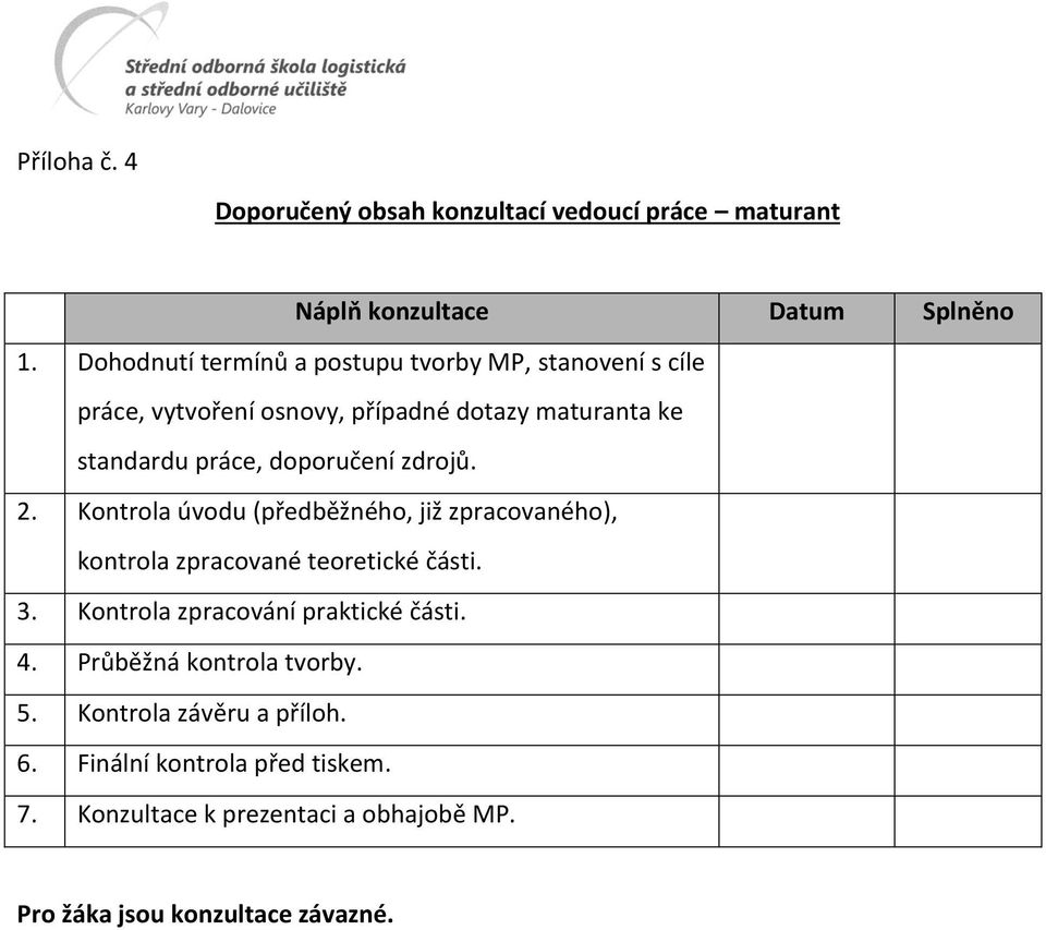 doporučení zdrojů. 2. Kontrola úvodu (předběžného, již zpracovaného), kontrola zpracované teoretické části. 3.