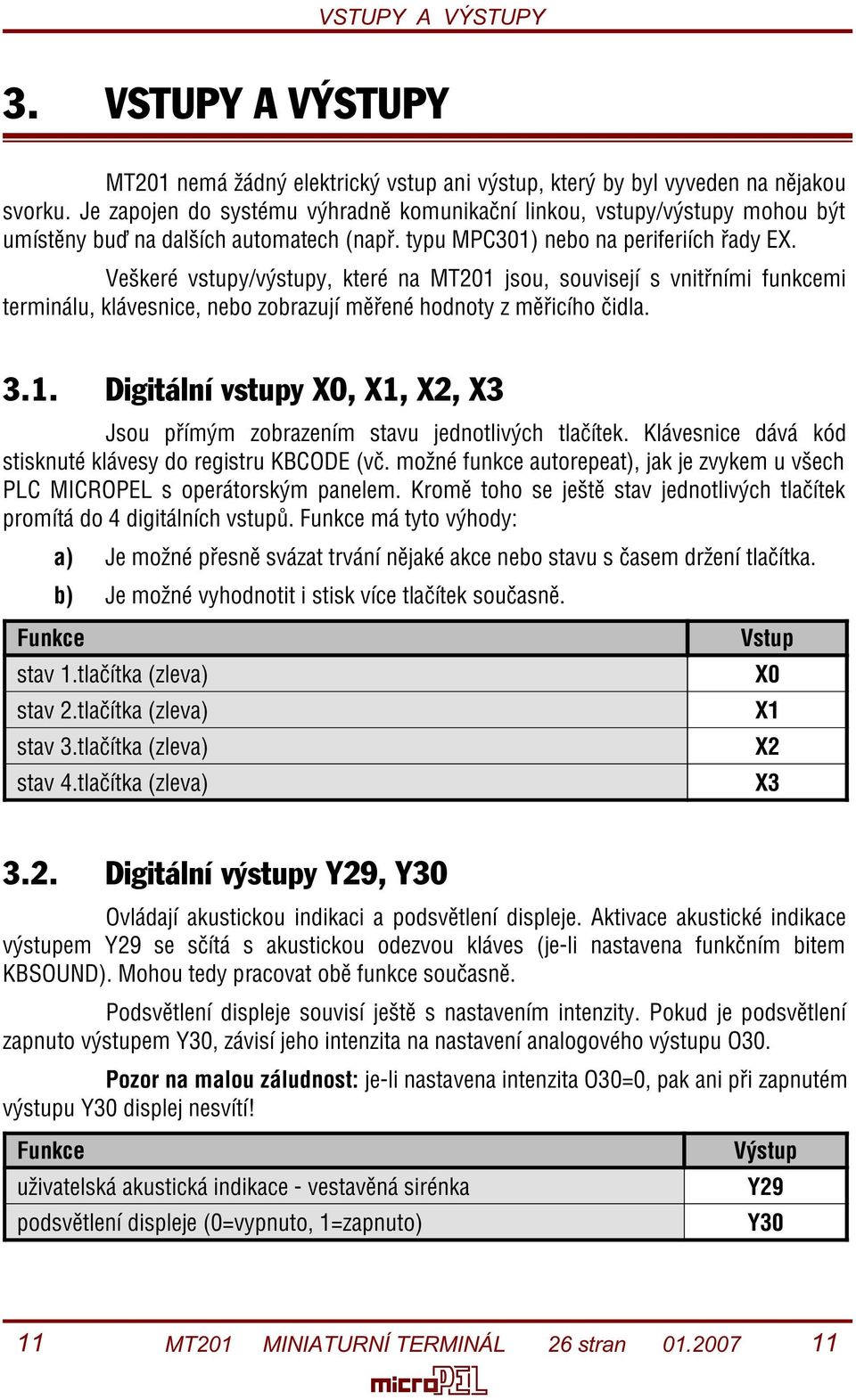 Veškeré vstupy/výstupy, které na MT201 jsou, souvisejí s vnitøními funkcemi terminálu, klávesnice, nebo zobrazují mìøené hodnoty z mìøicího èidla. 3.1. Digitální vstupy X0, X1, X2, X3 Jsou pøímým zobrazením stavu jednotlivých tlaèítek.