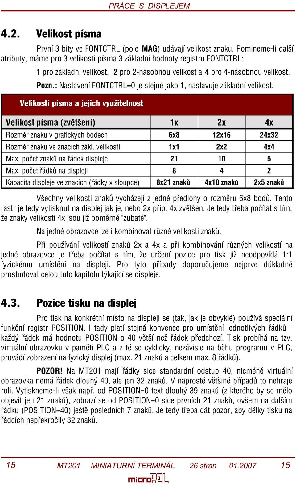 : Nastavení FONTCTRL=0 je stejné jako 1, nastavuje základní velikost.