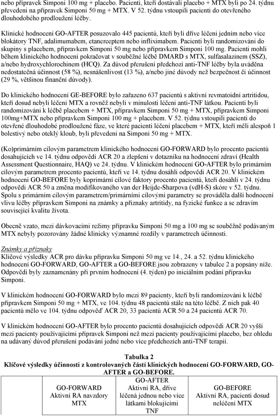 Klinické hodnocení GO-AFTER posuzovalo 445 pacientů, kteří byli dříve léčeni jedním nebo více blokátory TNF, adalimumabem, etanerceptem nebo infliximabem.