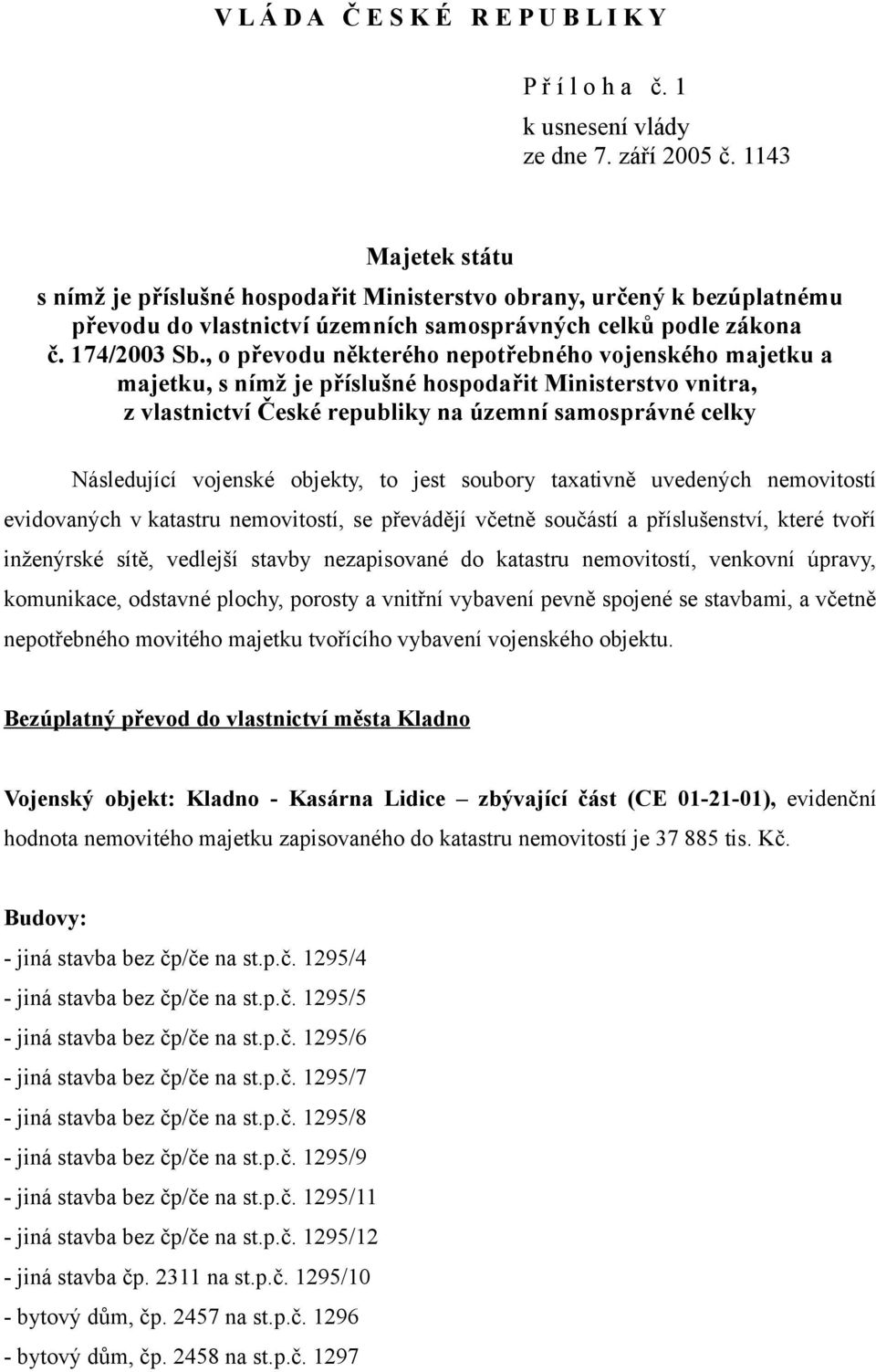 , o převodu některého nepotřebného vojenského majetku a majetku, s nímž je příslušné hospodařit Ministerstvo vnitra, z vlastnictví České republiky na územní samosprávné celky Následující vojenské