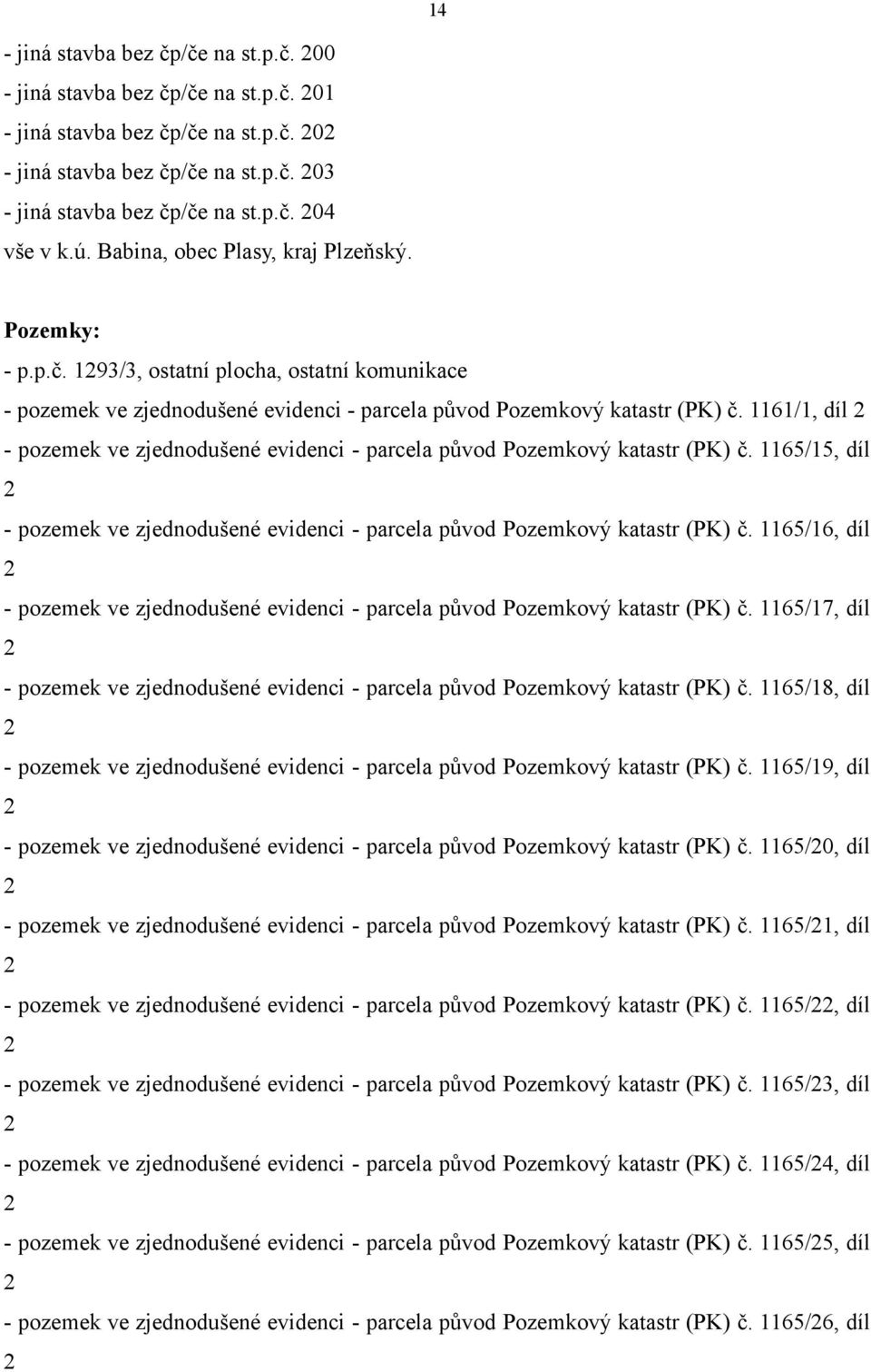 1161/1, díl - pozemek ve zjednodušené evidenci - parcela původ Pozemkový katastr (PK) č. 1165/15, díl - pozemek ve zjednodušené evidenci - parcela původ Pozemkový katastr (PK) č.