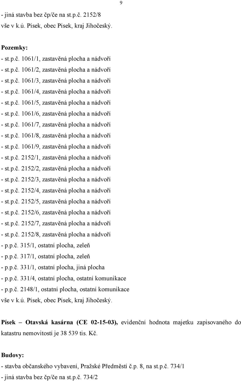 p.č. 1061/9, zastavěná plocha a nádvoří - st.p.č. 15/1, zastavěná plocha a nádvoří - st.p.č. 15/, zastavěná plocha a nádvoří - st.p.č. 15/3, zastavěná plocha a nádvoří - st.p.č. 15/4, zastavěná plocha a nádvoří - st.