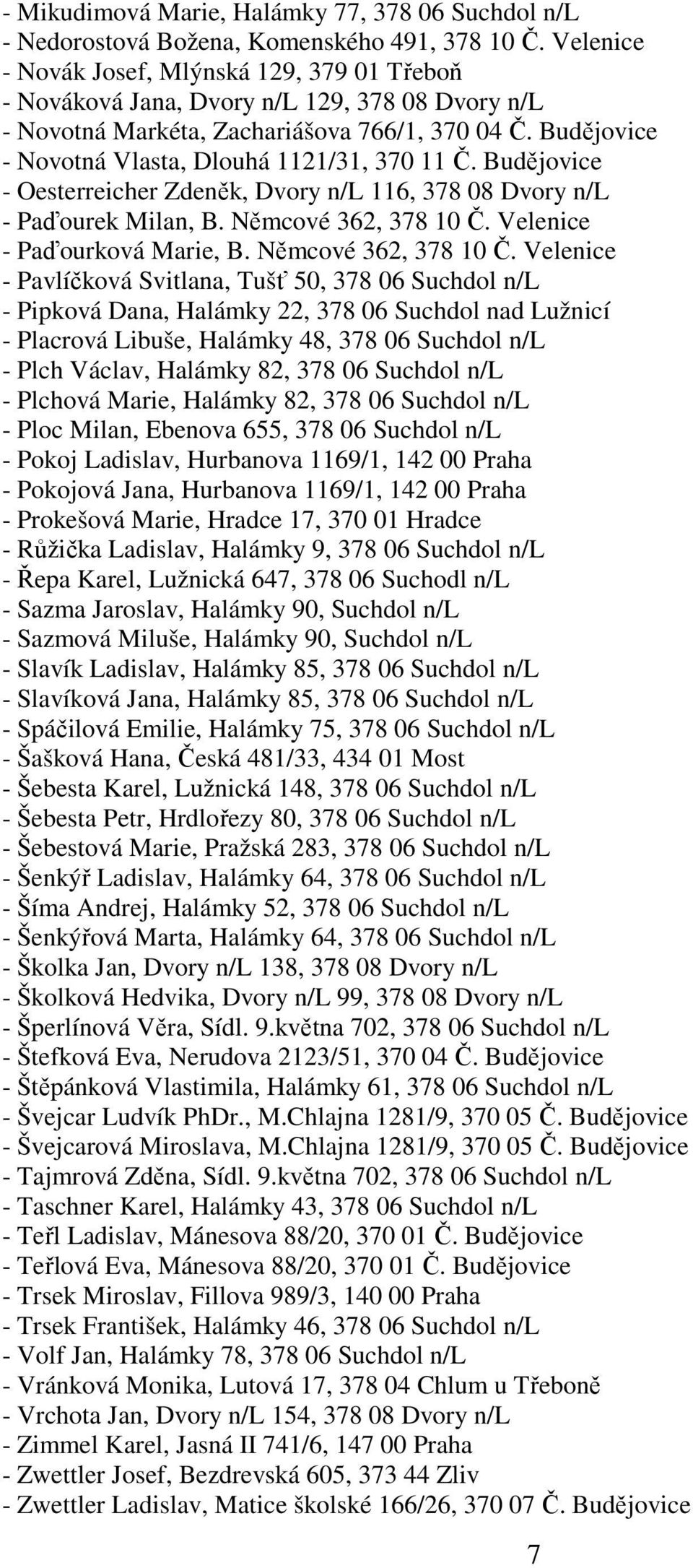 Budějovice - Novotná Vlasta, Dlouhá 1121/31, 370 11 Č. Budějovice - Oesterreicher Zdeněk, Dvory n/l 116, 378 08 Dvory n/l - Paďourek Milan, B. Němcové 362, 378 10 Č. Velenice - Paďourková Marie, B.