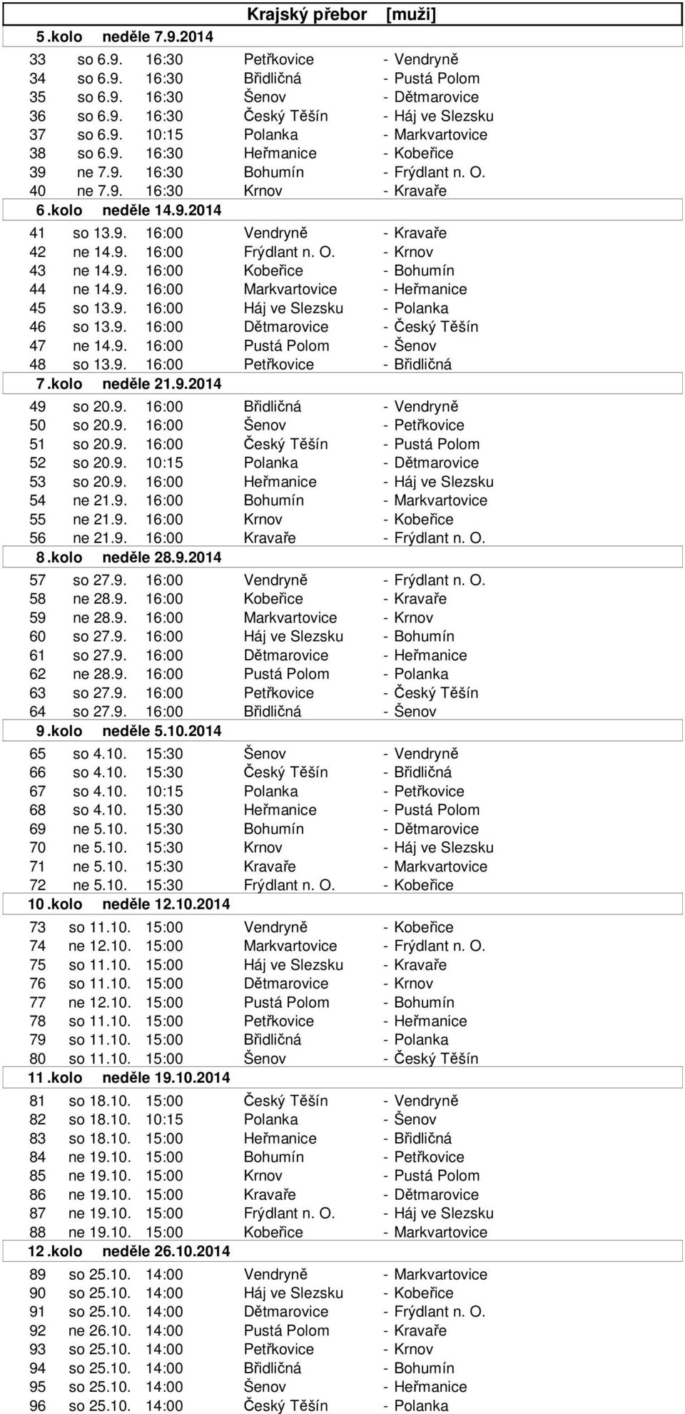 9. 16:00 Frýdlant n. O. - Krnov 43 ne 14.9. 16:00 Kobeřice - Bohumín 44 ne 14.9. 16:00 Markvartovice - Heřmanice 45 so 13.9. 16:00 Háj ve Slezsku - Polanka 46 so 13.9. 16:00 Dětmarovice -Český Těšín 47 ne 14.