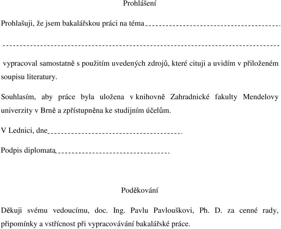Souhlasím, aby práce byla uložena v knihovně Zahradnické fakulty Mendelovy univerzity v Brně a zpřístupněna ke