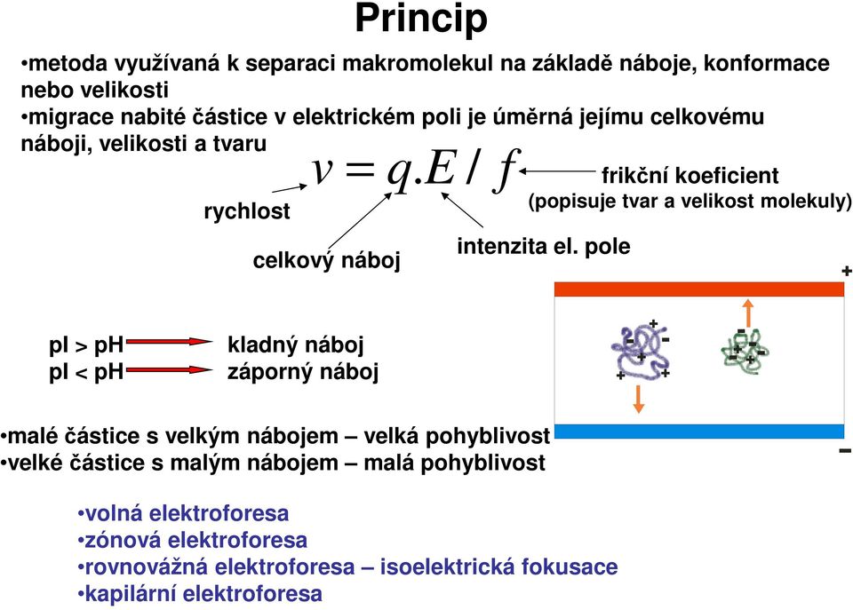 E / f frikční koeficient (popisuje tvar a velikost molekuly) rychlost celkový náboj intenzita el.