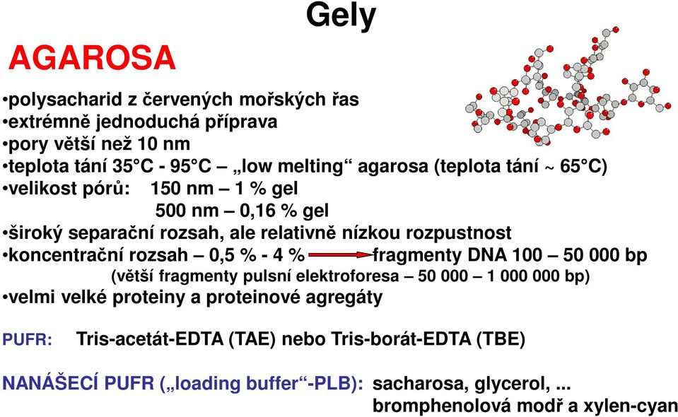 rozsah 0,5 % - 4 % fragmenty DNA 100 50 000 bp (větší fragmenty pulsní elektroforesa 50 000 1 000 000 bp) velmi velké proteiny a proteinové