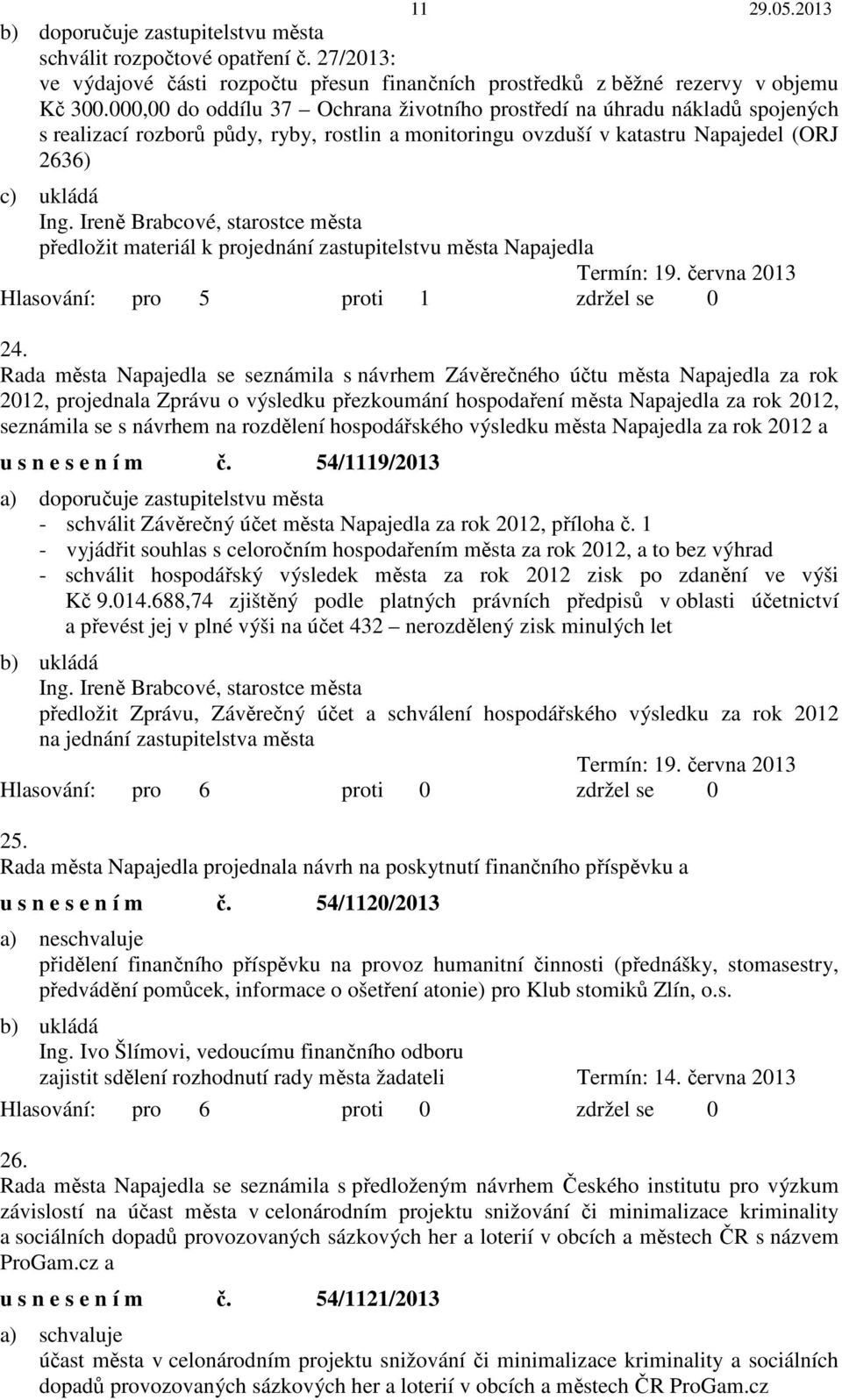 Ireně Brabcové, starostce města předložit materiál k projednání zastupitelstvu města Napajedla Termín: 19. června 2013 Hlasování: pro 5 proti 1 zdržel se 0 24.