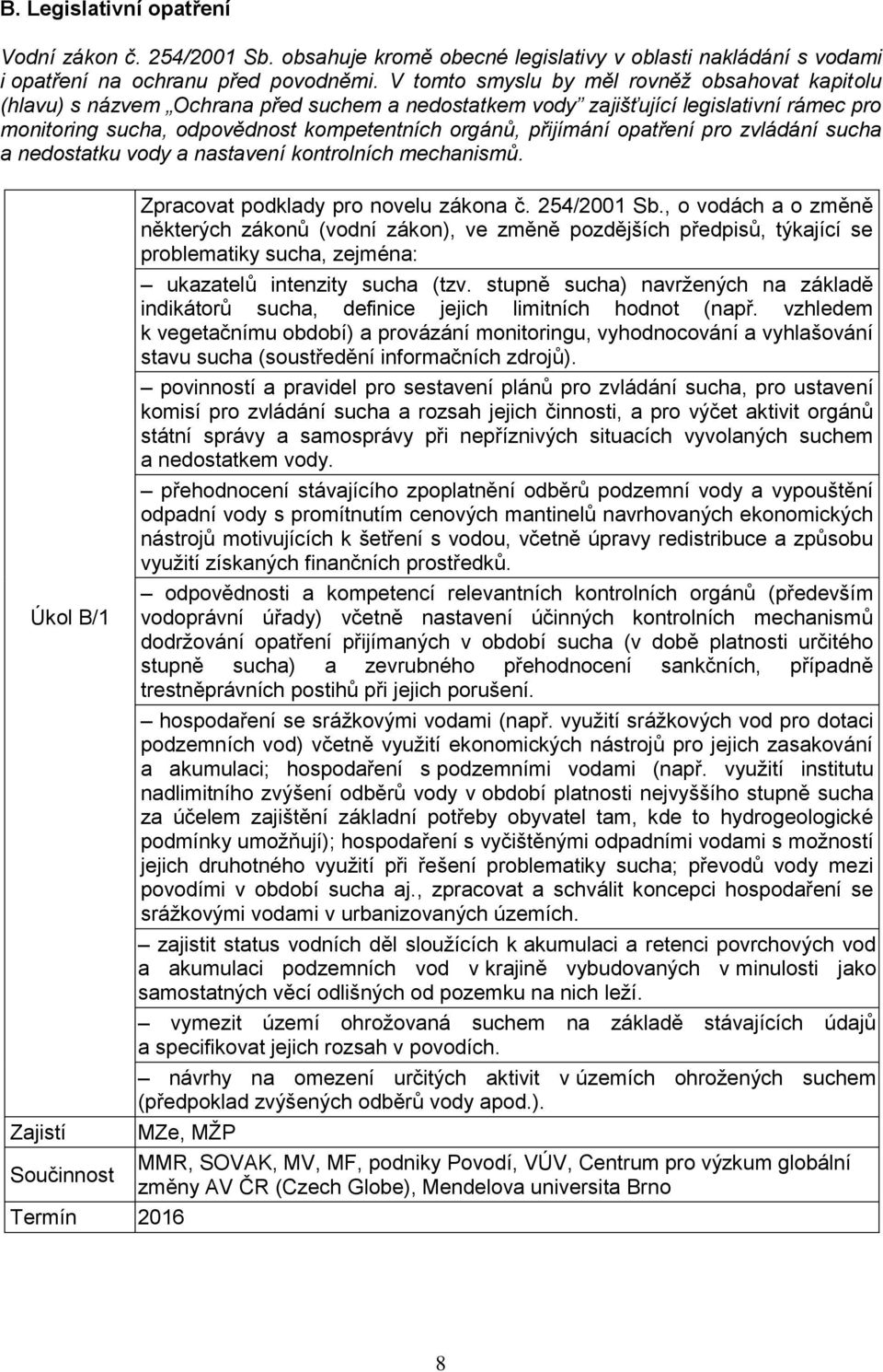 přijímání opatření pro zvládání sucha a nedostatku vody a nastavení kontrolních mechanismů. Úkol B/1 Zpracovat podklady pro novelu zákona č. 254/2001 Sb.