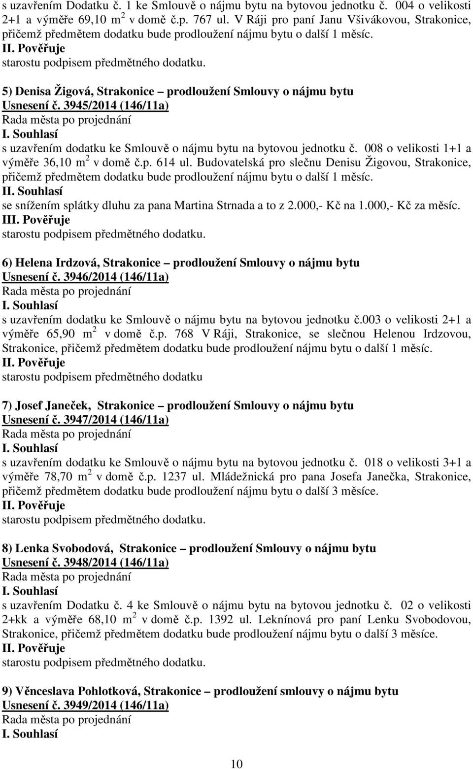 5) Denisa Žigová, Strakonice prodloužení Smlouvy o nájmu bytu Usnesení č. 3945/2014 (146/11a) s uzavřením dodatku ke Smlouvě o nájmu bytu na bytovou jednotku č.