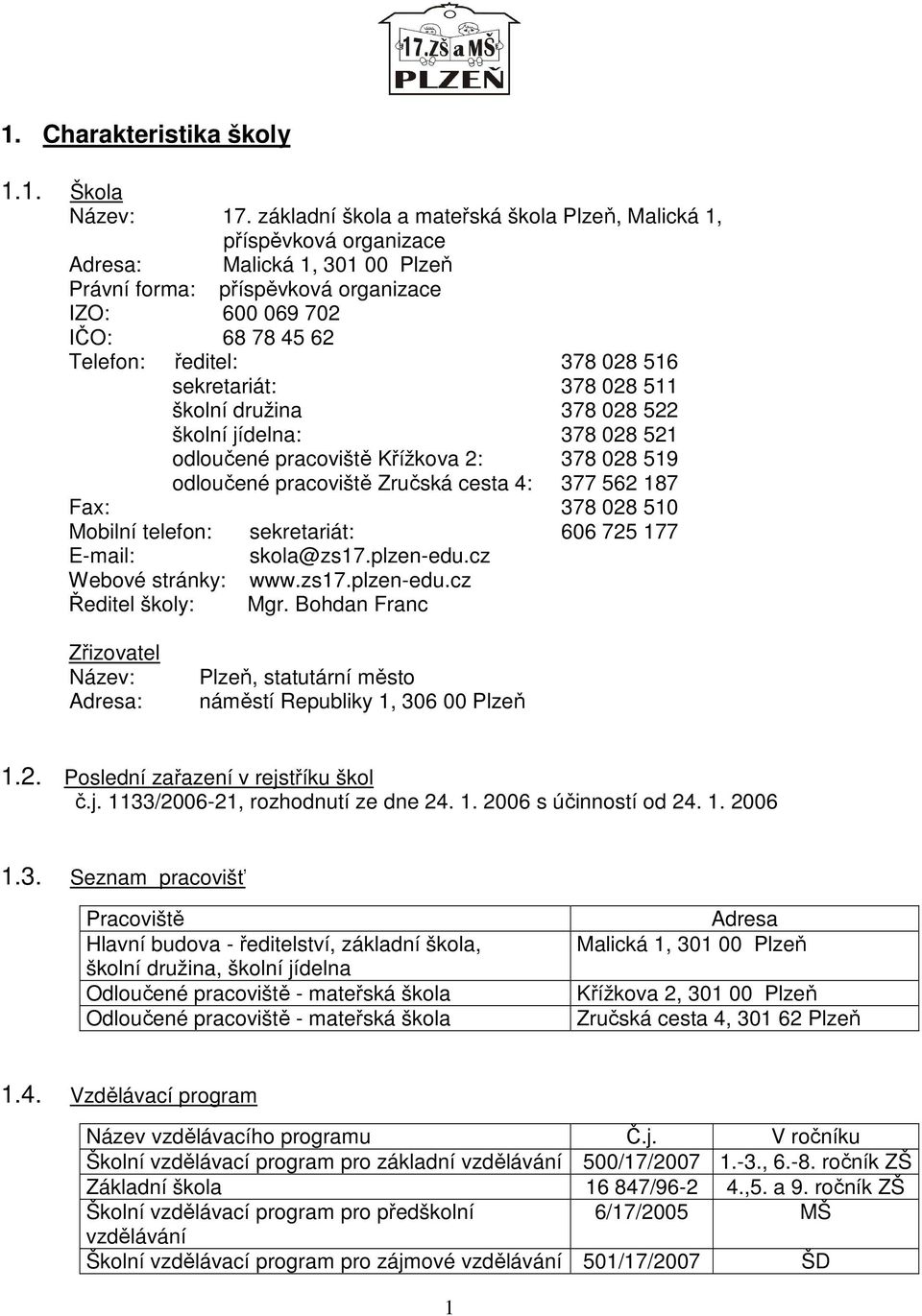 028 516 sekretariát: 378 028 511 školní družina 378 028 522 školní jídelna: 378 028 521 odloučené pracoviště Křížkova 2: 378 028 519 odloučené pracoviště Zručská cesta 4: 377 562 187 Fax: 378 028 510