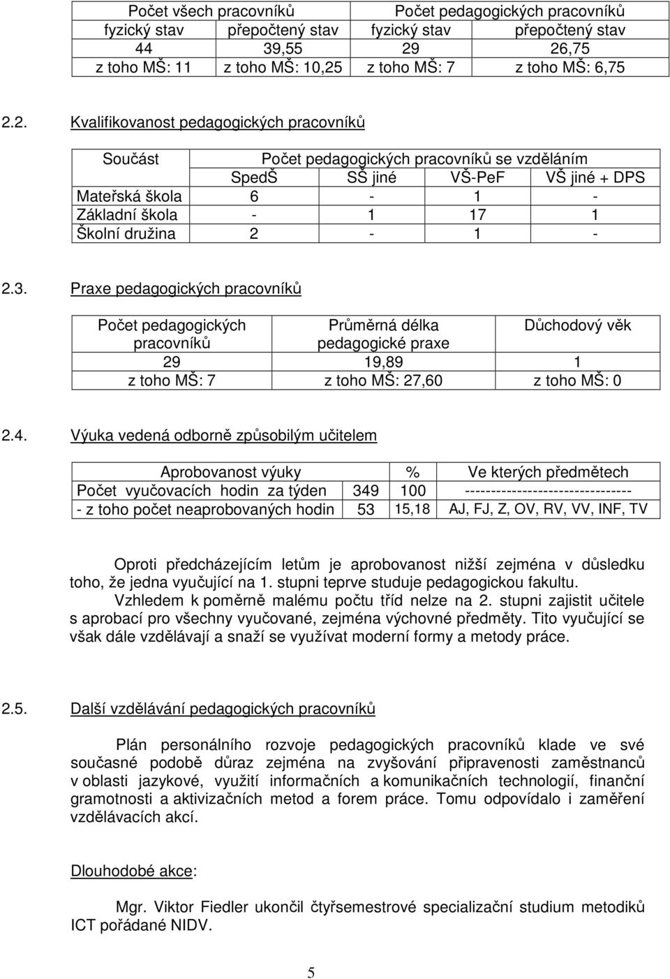 3. Praxe pedagogických pracovníků Počet pedagogických Průměrná délka Důchodový věk pracovníků pedagogické praxe 29 19,89 1 z toho MŠ: 7 z toho MŠ: 27,60 z toho MŠ: 0 2.4.