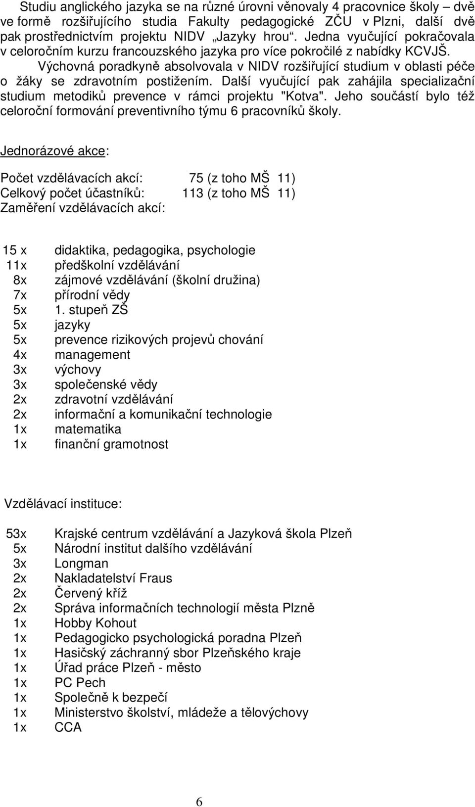 Výchovná poradkyně absolvovala v NIDV rozšiřující studium v oblasti péče o žáky se zdravotním postižením. Další vyučující pak zahájila specializační studium metodiků prevence v rámci projektu "Kotva".